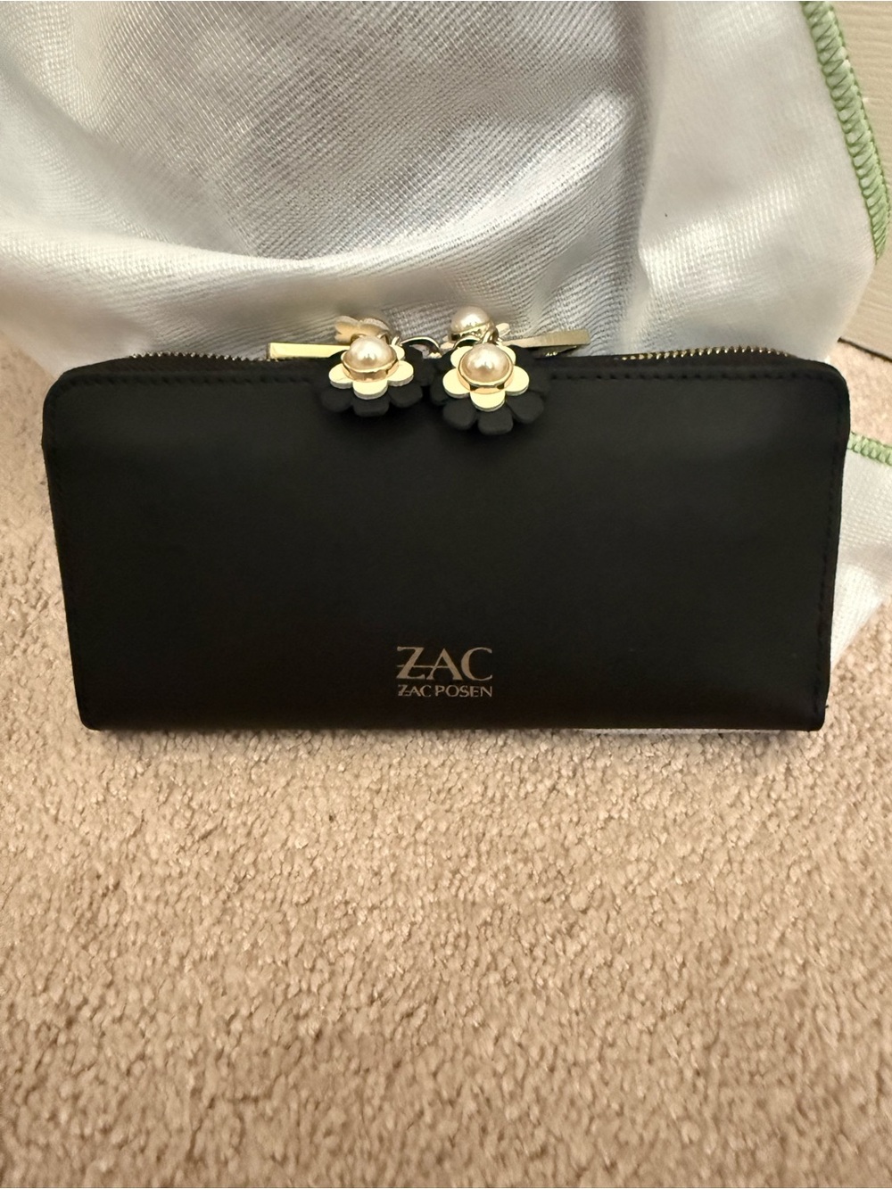 ZAC Zac Posen Black Wallet with Floral Zip Pulls
